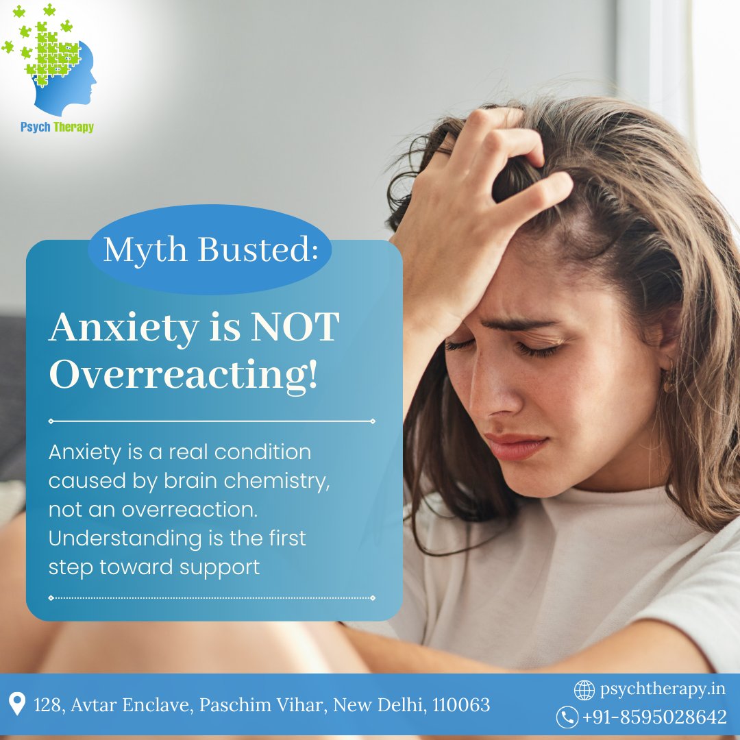 PsychTherapyIn's tweet photo. 🚨 Myth Busted! 🚨 Anxiety is NOT "overreacting"—it's a real mental health condition that needs understanding, not judgment. 💙

You are not alone. Support is available. 🌿

💬 𝗣𝘀𝘆𝗰𝗵 𝗧𝗵𝗲𝗿𝗮𝗽𝘆 𝗯𝘆 𝗚𝘂𝗻𝗷𝗮𝗻 𝗔𝗿𝘆𝗮

#AnxietyAwareness #MentalHealthMatters https://t.co/INix45hcVo