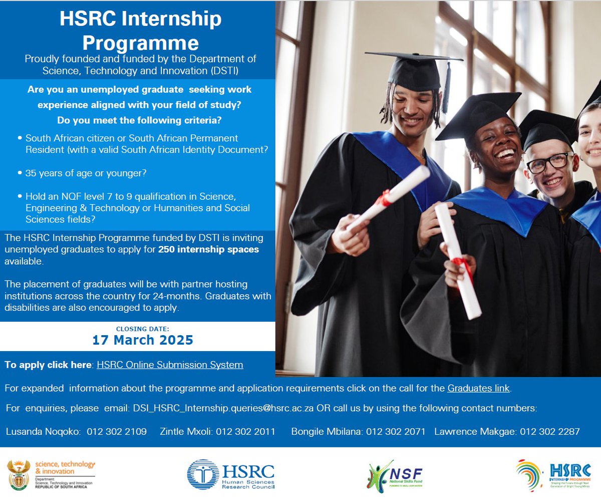 See below details for the HSRC Internship Programme Proudly founded and funded by the Department of Science, Technology and Innovation (DSTI)-