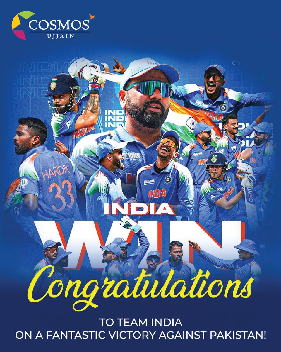 cosmos_ujjain's tweet photo. 🏏🇮🇳 VICTORY SEALED! 🇮🇳🏆

Congratulations Team India on a spectacular win against Pakistan! 🔥💙 An unforgettable performance filled with passion, determination, and pride! 🇮🇳🎉

Drop a 💙 if you’re celebrating this epic triumph! 🎊🏏
#INDvsPAK #TeamIndia #Champions https://t.co/riD92Enmhj