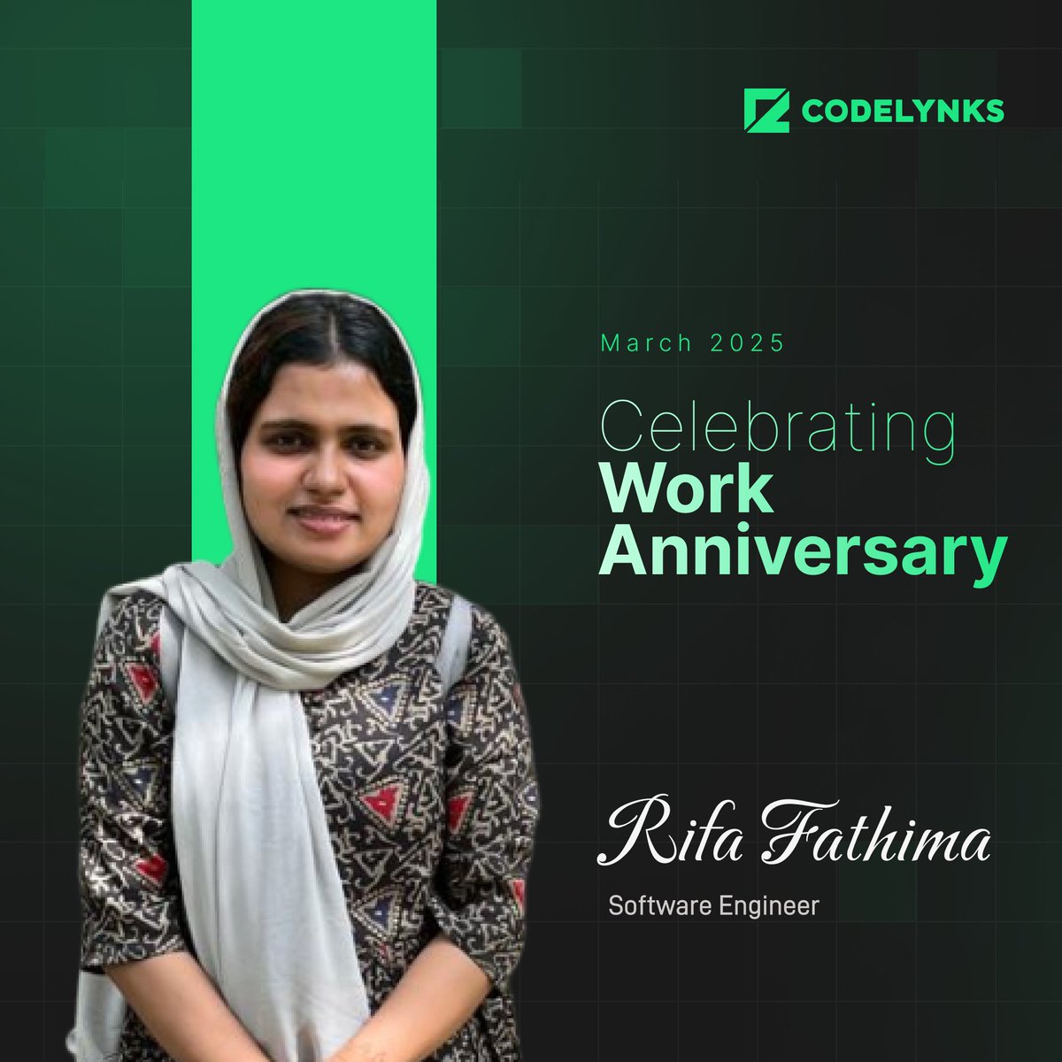 Codelynks's tweet image. 🎉 Cheers to Rifa Fathima on her Work Anniversary at #Codelynks! 🚀
Thank you for your quick learning, perseverance &amp;amp; commitment to growth!
📌 Follow us: linkedin.com/company/codely…
🚀 Join our team: codelynks.com/careers

#WorkAnniversary #GrowthMindset #ThankYouRifa