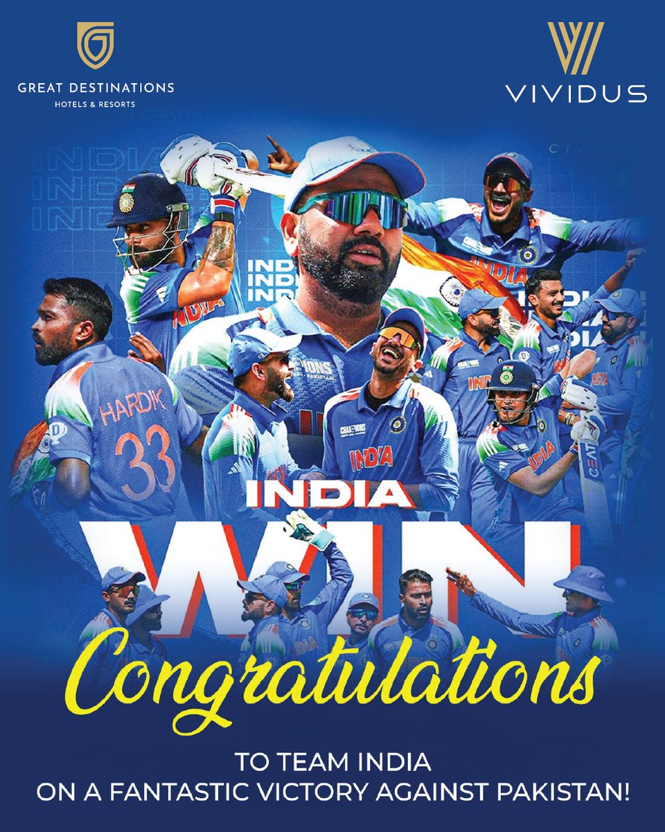 VividusHotels's tweet photo. Vividus Hotels Congratulates Team India for a spectacular win over Pakistan in the #ICCChampionsTrophy2025!

Wishing the team all the best for the upcoming matches! Keep the momentum going! 

#TeamIndia #BleedBlue #INDvsPAK #ChampionsTrophy #CricketFever #VividusHotels https://t.co/5U1HAO4OUk