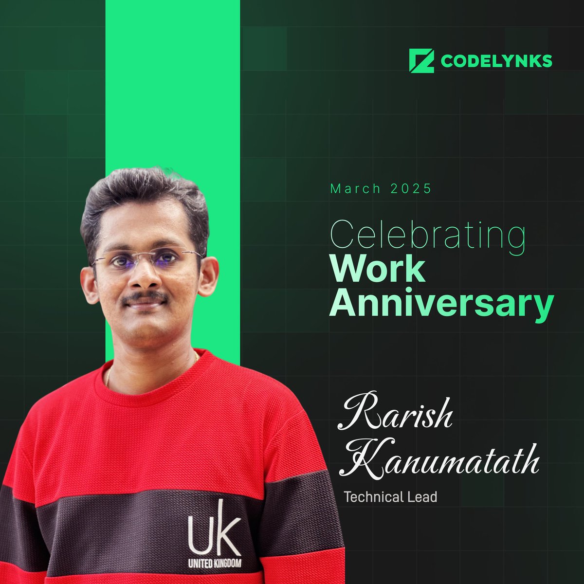 Codelynks's tweet image. 🎉 Happy Work Anniversary, Rarish K! 🌟
Thanks for your selfless dedication, accountability, and quality-driven work at #Codelynks!
📌 Follow us: linkedin.com/company/codely…
🚀 Careers: codelynks.com/careers

#WorkAnniversary #QualityWork #ThankYouRarish