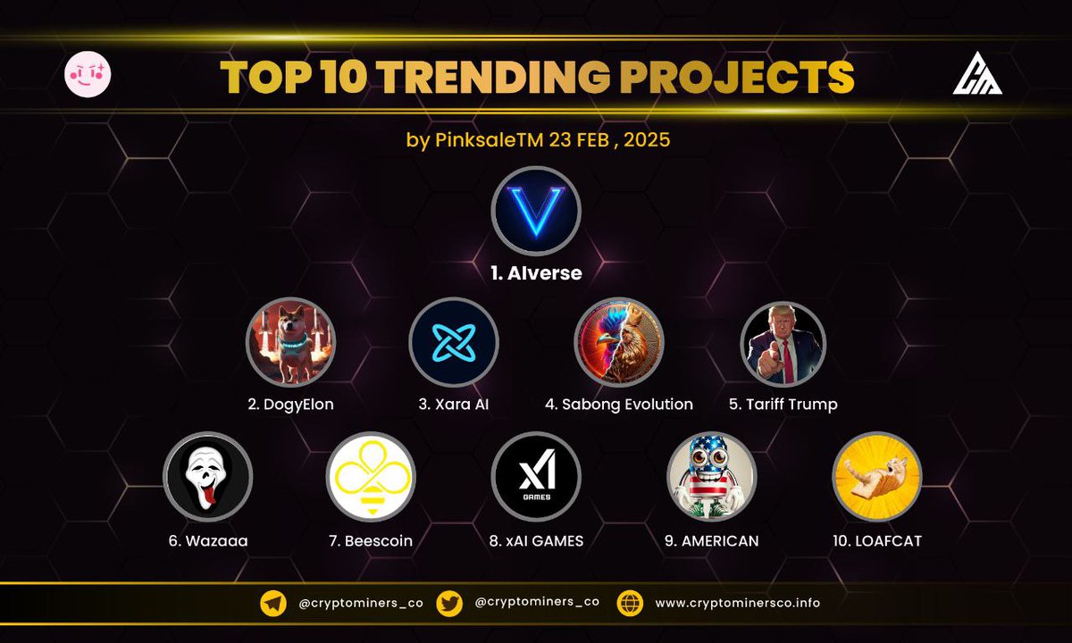 🏆TOP 10 TRENDING PROJECTS on #PinkSale{Feb 23,2025}

🥇 $VAI - <a href="/AIverse_sol/">AIVerse</a>
🥈 $DOGYELON - @DogyElon
🥉 $XARA - <a href="/officialxara/">Xara AI</a>
4️⃣ $SEVOX - <a href="/sabongevo/">Sabong Evolution</a>
5⃣ $TARIFF - @TariffManTrump
6⃣ $WZA - <a href="/wazaaasol/">Wazaaa</a>
7️⃣ $Bees - <a href="/BeeeCoin/">Bee Coin</a>
8️⃣ $xAI - <a href="/XaiGamesSol/">xAI Games</a>
9️⃣ $american - <a href="/0TheCanProject0/">AMERICAN OFFICIAL TOKEN</a>
🔟