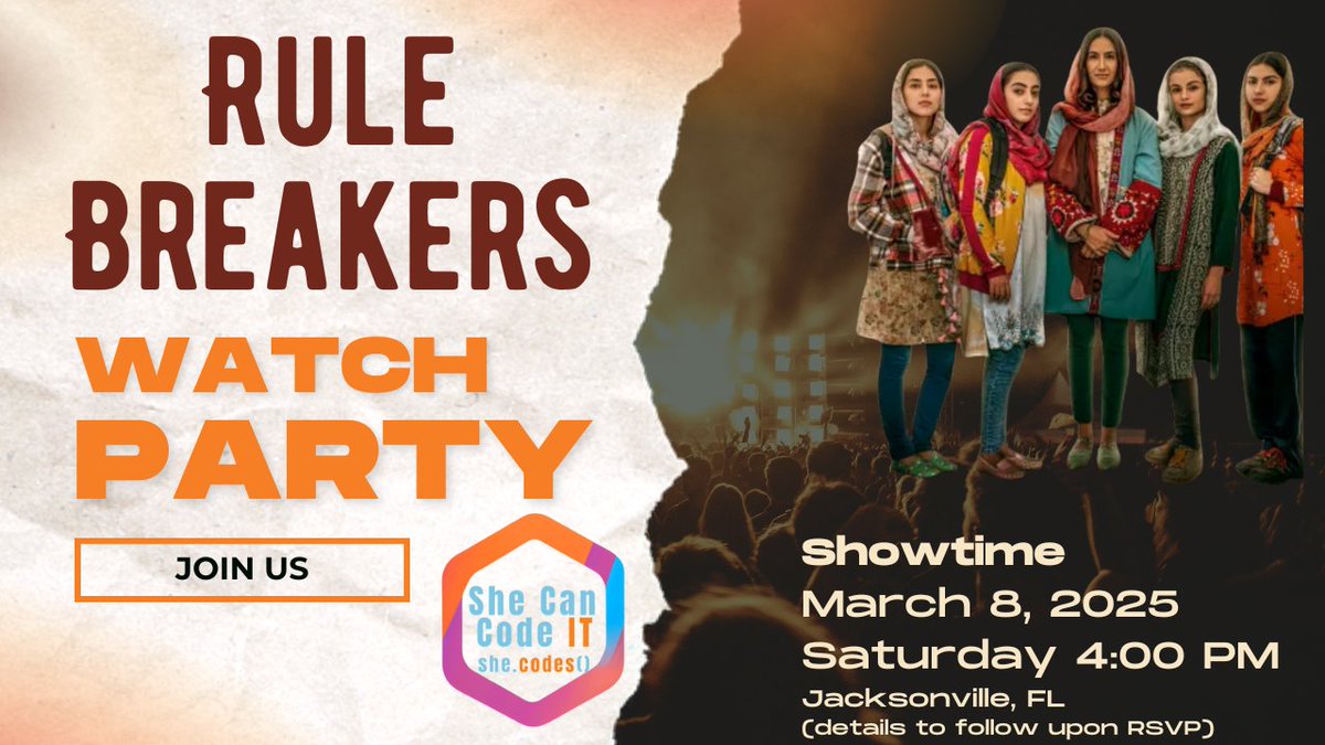 shecancodeITjax's tweet photo. Join us for a watch party!🍿🎉"Rule Breakers" is the riveting story of young girls in Afghanistan who overcome overwhelming barriers to form a robotics team. Based on a true story, this movie is a great one to watch with your daughters!❤️ https://t.co/rMVVXMemoQ