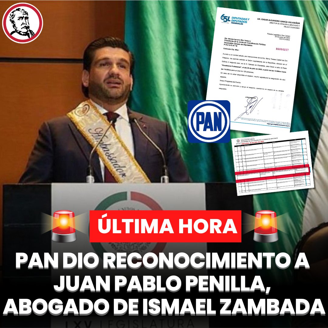 revistapolemon's tweet image. 🚨 #ÚLTIMAHORA Juan Pablo Penilla, abogado de Ismael "El Mayo" Zambada, fue reconocido como "embajador internacional por la paz" en un evento realizado a petición del PAN en el Palacio Legislativo de San Lázaro.

La distinción fue promovida por la exdiputada panista María Teresa…
