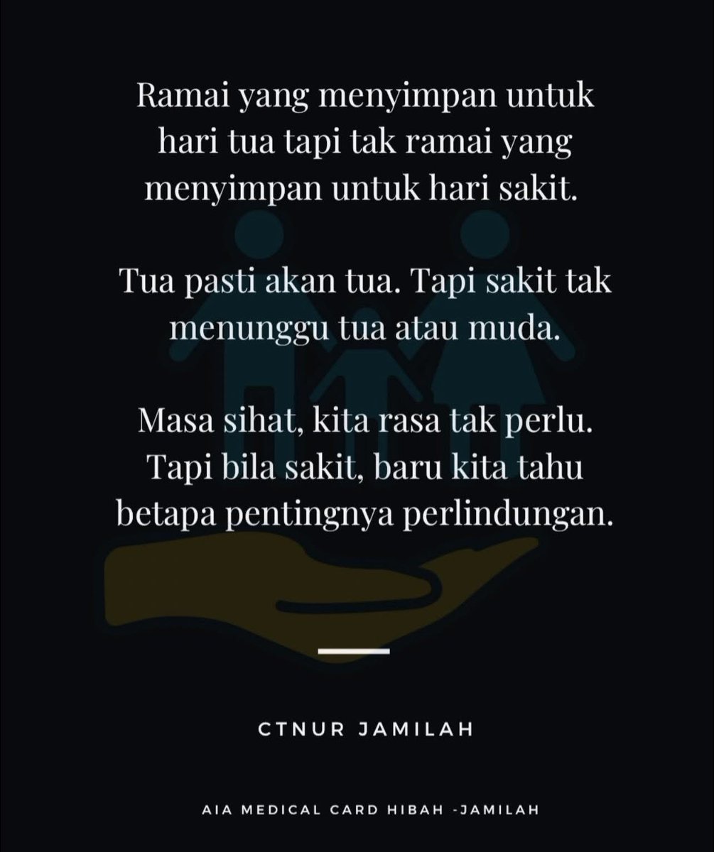 CtnurJ's tweet photo. 𝗟𝗜𝗡𝗗𝗨𝗡𝗚𝗜 𝗗𝗜𝗥𝗜 𝗗𝗔𝗡 𝗢𝗥𝗔𝗡𝗚 𝗧𝗘𝗥𝗦𝗔𝗬𝗔𝗡𝗚 𝗦𝗘𝗕𝗘𝗟𝗨𝗠 𝗧𝗘𝗥𝗟𝗔𝗠𝗕𝗔𝗧

Ramai yang menyimpan untuk hari tua tapi tak ramai yang menyimpan untuk hari sakit. Tua pasti akan tua. Tapi sakit tak menungu tua atau muda.

https://t.co/Qvn9BgDEPD https://t.co/cGulk3k30Z