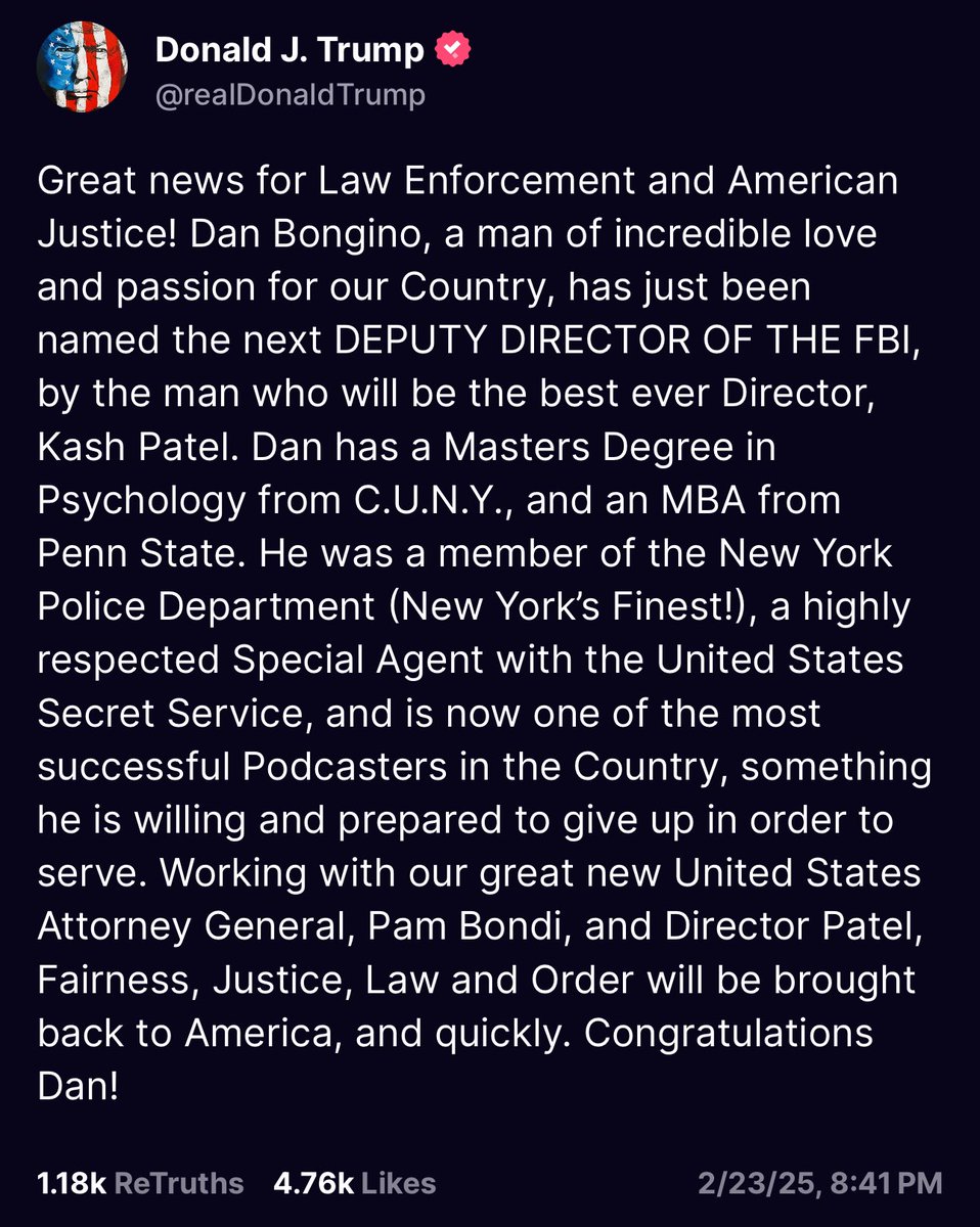 breeadail's tweet image. Trump issues statement, naming @dbongino as Deputy Director of FBI.

Congrats, Dan!