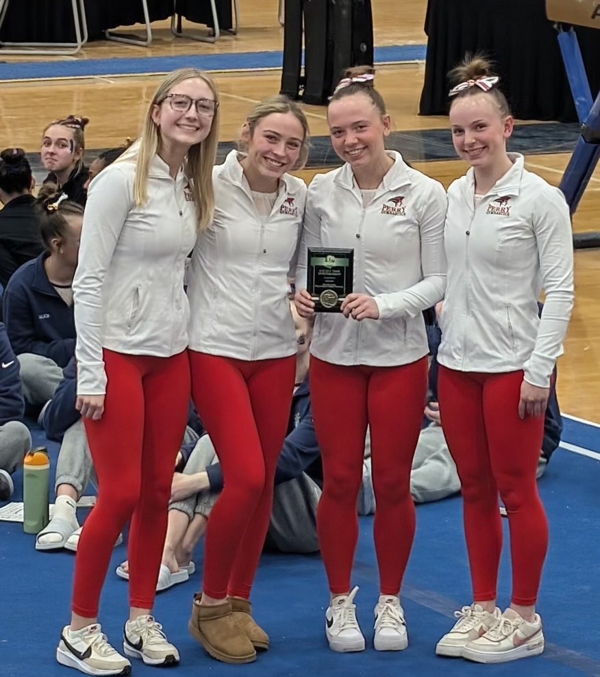 Perry_Pirates's tweet photo. Congrats to our Gymnastics team as we were recognized today at the OHSAA District Sportsmanship Award! A truly great honor, thank you to Ella, Kyra, Marlee, Macee and Coach Araps for making it happen!  Go Pirates! https://t.co/c8F4kDxweN