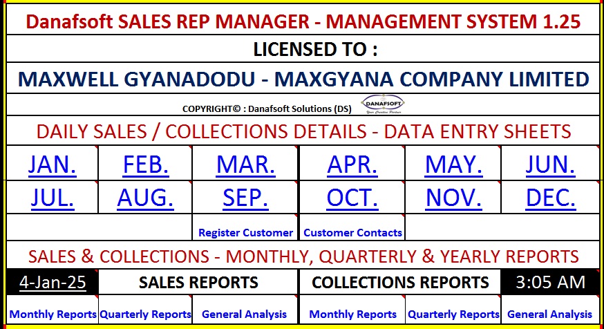 Danafsoft SALES REP MANAGER:  is a novel Spreadsheet-Desktop App. Software used to manage the whole marketing activities of Sales Rep - Sales and Collections for 100 Customers. A Software with data entry slots, reports, Analysis with Charts.  +233243018025 / danafsoft@gmail.com
