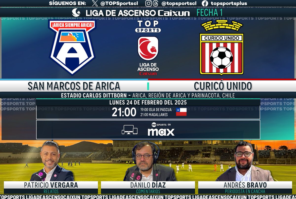#LigadeAscensoCaixun ⚽️🇨🇱 Fecha 1
#SanMarcosdeArica - #CuricóUnido

🎙️ Relatos: <a href="/Pini_Vergara_14/">Patricio Vergara Piña</a> 
🗣️ Comentarios: <a href="/HinchaPuma/">Danilo Díaz</a> 
🏟️ Cancha: <a href="/andresbravo83/">Llamito</a> 

#⃣ #MatchdayLunes - #TeQuieroVer #LigadeAscenso
📱💻 <a href="/StreamMaxLA/">HBO Max Latinoamérica</a> 🇨🇱
🔃❤️