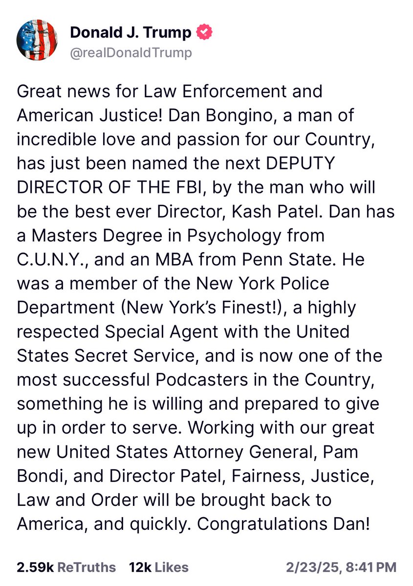 libsoftiktok's tweet image. BREAKING: Trump names Dan Bongino as Deputy Director of the FBI