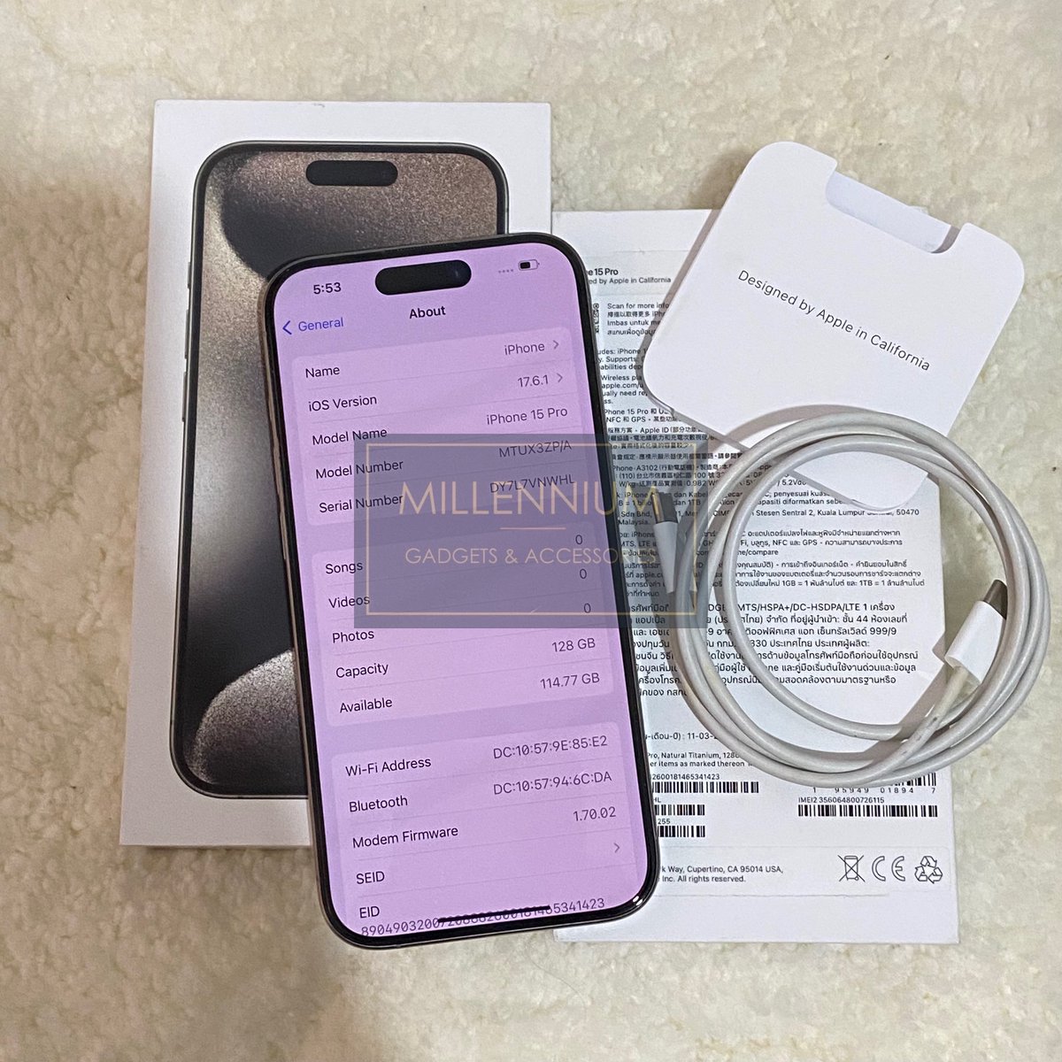 milleniumgadget's tweet photo. Iphone 15 Pro 128GB ZP (Natural Titanium)

- Battery Health 90%
- Under Warranty Apple Till April 2025
- Condition 9/10 
- All Function 100%
- Fullset Box Original 
- RM 3650‼️

Area Shah Alam 
#millenniumgadgets #millennium #iphone15pro https://t.co/1KYEd083tR