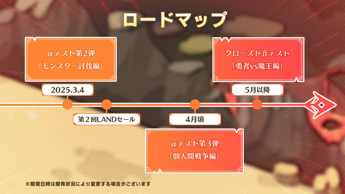 【⚔️αテスト開催決定⚔️】

#αテスト 第２弾
「モンスター討伐編」の開催が決定‼️✨

開催期間は
3月4日 15：00～3月11日 15：00
の1週間だよ💨

〈参加条件〉
①OASYSワールドのLANDを所持している方
②前回のαテストでLANDを配布した方
③α2テスト参加権Giveawayに当選した方