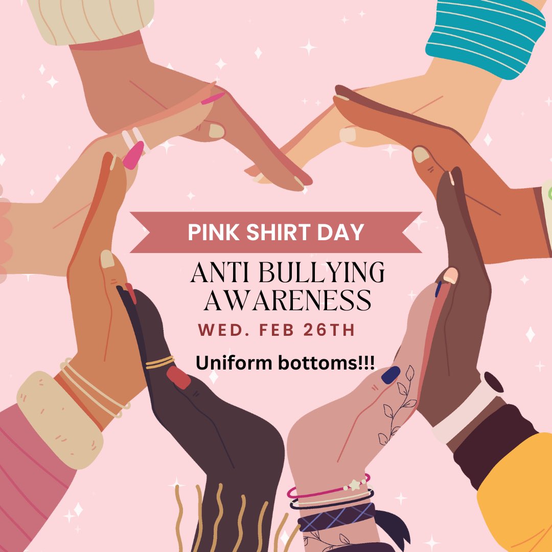 Pink shirt day will be this Wednesday (26th) Titans!! Remember uniform bottoms!!