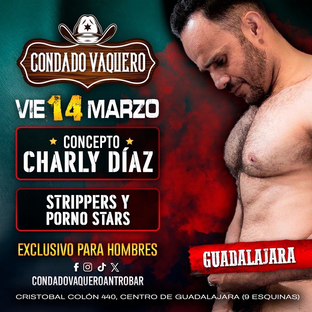 Condado Vaquero Antro Bar (@vaquerosbar_gdl) on Twitter photo GUADALAJARA! LOS VIERNES Llega Charly Diaz Fan Club con toda la herramienta pesada para vivir las mejores noches 🌈❌❌❌🌈
Nuevas caras! Nuevos cuerpos! Vive la experiencia del concepto Charly Díaz a partir del Viernes 14 de Marzo 🔥🔥🔥 <a href="/CharlyDiazMx/">Charly Díaz Oficial 🔥🔥💪🏻🧔🏻</a> <a href="/CharlyDiazCF/">Charly Diaz Club</a> GUADALAJARA! LOS VIERNES Llega Charly Diaz Fan Club con toda la herramienta pesada para vivir las mejores noches 🌈❌❌❌🌈
Nuevas caras! Nuevos cuerpos! Vive la experiencia del concepto Charly Díaz a partir del Viernes 14 de Marzo 🔥🔥🔥 <a href="/CharlyDiazMx/">Charly Díaz Oficial 🔥🔥💪🏻🧔🏻</a> <a href="/CharlyDiazCF/">Charly Diaz Club</a>