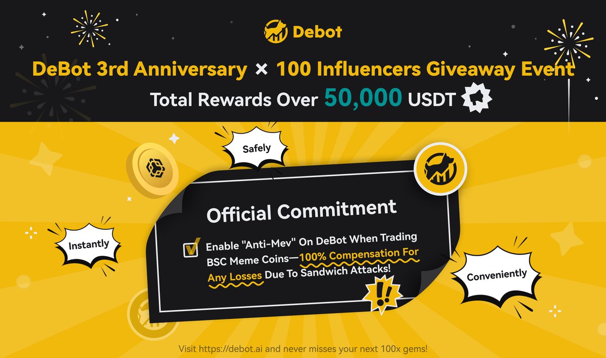 Debot_Official's tweet photo. 🎉 DeBot 3rd Anniversary x 100 Influencers Giveaway! 🎉

On February 21, 2022, DeBot (formerly DiTing) was officially launched. Over the past three years, we have remained committed to putting users first, quietly refining our product, and now fully supporting the BSC Meme ecosystem.

To celebrate DeBot’s 3rd anniversary, we’ve teamed up with 100 influencers who love DeBot to bring you a massive giveaway:

🎁 Giveaway Prizes (Over 50,000 USDT):
✅ 30 BNB (≈20,000 USDT)
✅ 1,000 Pro Memberships (≈30,000 USDT)
👉 How to Participate: Follow your favorite influencers and join the giveaway by following the instructions in their tweets.

Additionally, DeBot proudly guarantees: Trade BSC Meme coins with DeBot’s "Anti-Mev" feature—if you get sandwiched, we’ll compensate you!
@cz_binance, @heyibinance, @0xjiujiu99, @BNBCHAINZH, @four_meme_

#DeBot3Years #BNBChain #BSCMeme #BSC #DeBot