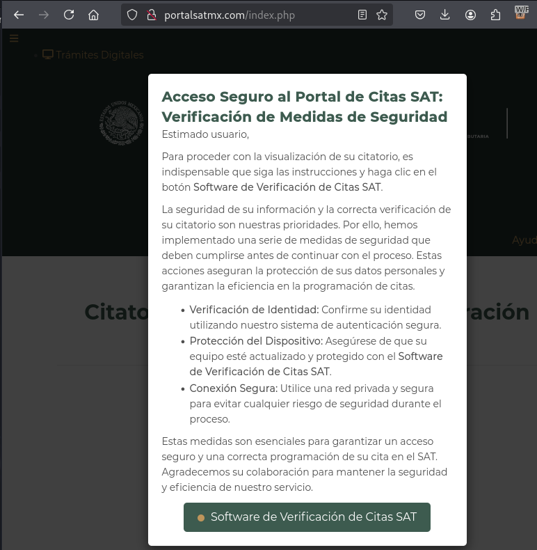 tial_cl's tweet image. 🚨 México: Dominio falso del SAT MX solicita ejecutar código malicioso en el equipo de la víctima. 

🔍 Durante una revisión de dominios globales, detecté un sitio malicioso que imita al portal del #SAT México:

🔗 portalsatmx[.]com

🚨 ¿Qué sucede en este sitio?

Al ingresar, el…