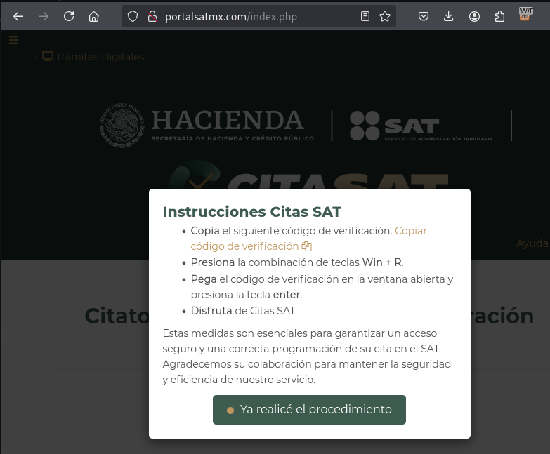 tial_cl's tweet image. 🚨 México: Dominio falso del SAT MX solicita ejecutar código malicioso en el equipo de la víctima. 

🔍 Durante una revisión de dominios globales, detecté un sitio malicioso que imita al portal del #SAT México:

🔗 portalsatmx[.]com

🚨 ¿Qué sucede en este sitio?

Al ingresar, el…