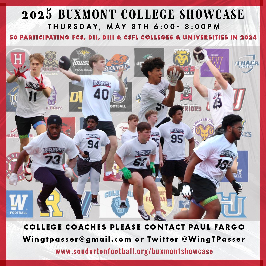 Paul Fargo 🔴⚪️🏈🏆 (@wingtpasser) on Twitter photo The #BuxmontShowcase is back in 2025!
Plan to see some of the best athletes in southeastern PA display their talents and skills on May 8th, 2025.
Stay tuned for more information and look for exciting new announcements coming soon.
<a href="/svsports/">SV Sports</a>
<a href="/SoudyFB/">Souderton Football</a>
<a href="/DTownFball/">DtownFootball</a>
<a href="/PWHS_Football/">PW Football</a> The #BuxmontShowcase is back in 2025!
Plan to see some of the best athletes in southeastern PA display their talents and skills on May 8th, 2025.
Stay tuned for more information and look for exciting new announcements coming soon.
<a href="/svsports/">SV Sports</a>
<a href="/SoudyFB/">Souderton Football</a>
<a href="/DTownFball/">DtownFootball</a>
<a href="/PWHS_Football/">PW Football</a>