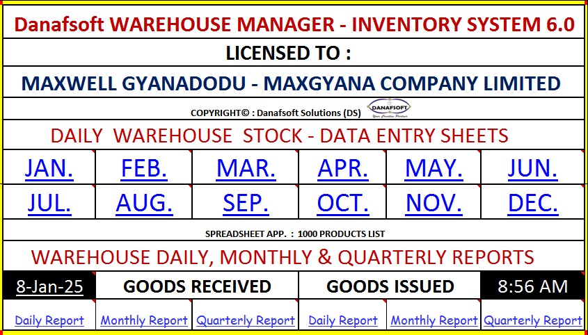1. A Software used to manage all Items, Products or Goods in a Shop etc.  2. Enter up to 1,000 Items, Products or Goods.  3. Enter Cost Price (CP) and Selling Price (SP) to know the Profit made on all Items, Products or Goods.  4. Enter "Expiry Date" of all Items.  +233243018025