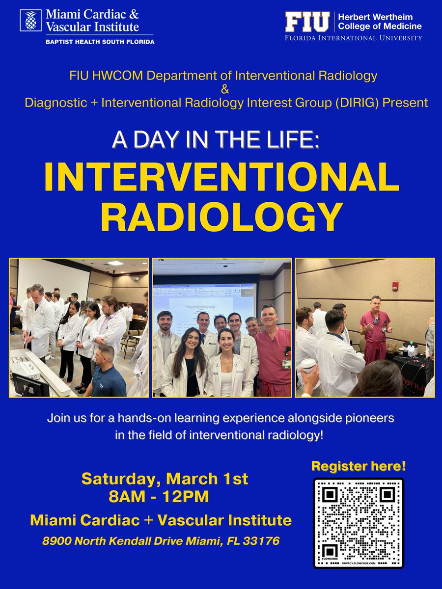 Christina Taragjini (@chtaragjini) on Twitter photo The 2nd Annual "Day in the Life: Interventional Radiology" in-person event, hosted by the Department of Interventional Radiology at <a href="/FIUMedicine/">FIU Medicine</a> & <a href="/MiamiVasc/">Miami Vascular</a>, is just around the corner!
📅 Saturday, March 1, 2025
⏰ 8:00 AM – 12:00 PM
🔗 Register here: forms.gle/AWc8jk6rHVPzu8… The 2nd Annual "Day in the Life: Interventional Radiology" in-person event, hosted by the Department of Interventional Radiology at <a href="/FIUMedicine/">FIU Medicine</a> & <a href="/MiamiVasc/">Miami Vascular</a>, is just around the corner!
📅 Saturday, March 1, 2025
⏰ 8:00 AM – 12:00 PM
🔗 Register here: forms.gle/AWc8jk6rHVPzu8…