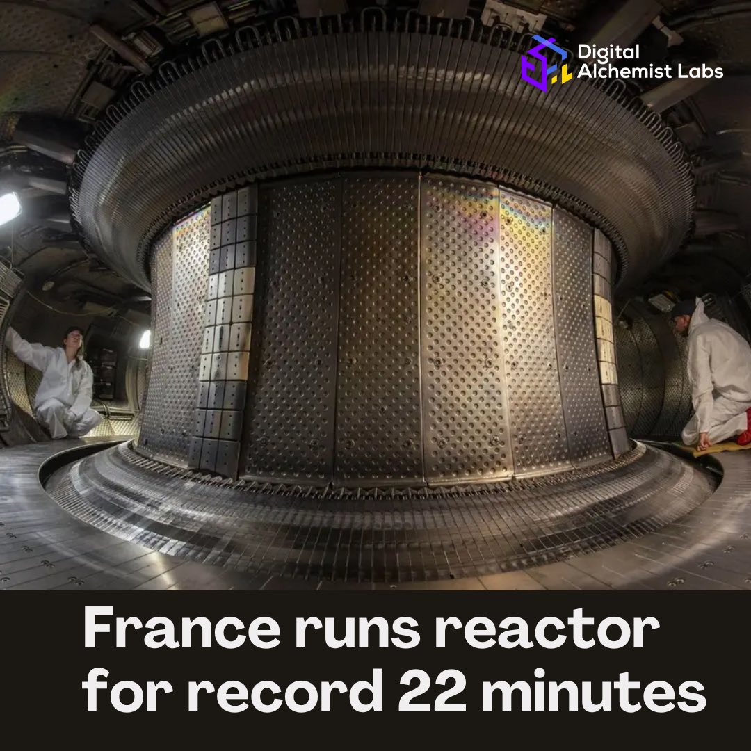 Digital_ai_Labs's tweet photo. 🚀 Fusion Breakthrough!

CEA France sustained fusion for 1,337s, a 25% record jump! A step closer to limitless clean energy for AI &amp; beyond.

Follow @digitalalchemistlabs for more!

#FusionEnergy #AI #CleanTech #FutureTech https://t.co/O9Bz7s0Fm7