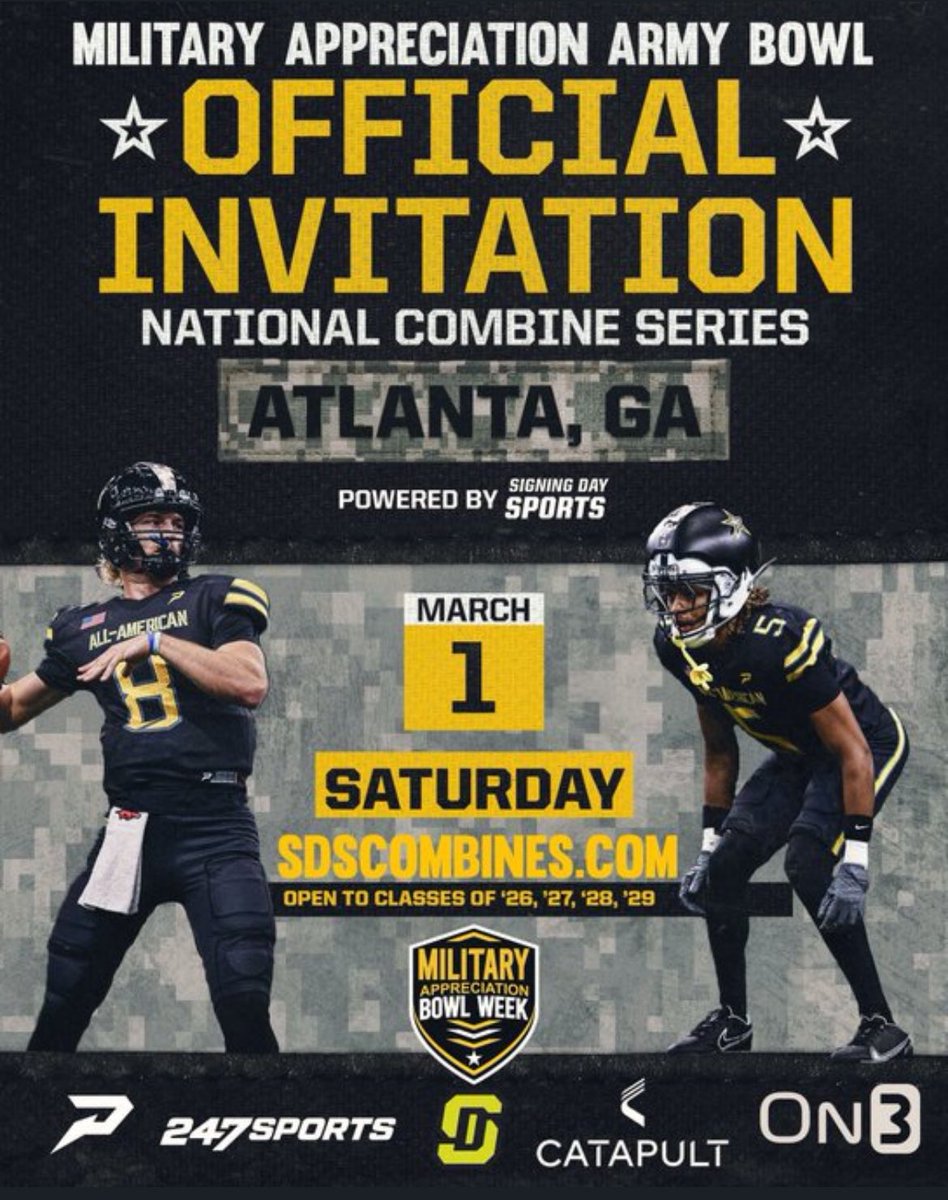 Cam (@luhcamking) on Twitter photo Blessed to receive a invite to the army combine series❗️❗️⚫️🔴
<a href="/CoachBell100/">D. Bell</a> <a href="/coachpaxia/">Coach Paxia</a> <a href="/ChipolettiH/">Coach Chip</a> <a href="/FBCoachPineda/">Coach Taylor Pineda (Coach P)</a> <a href="/NEGARecruits/">Northeast Georgia Recruits</a> <a href="/tfbaxter1985/">Tyson Baxter</a> @On3Recruits <a href="/USArmyBowl/">Military Appreciation Bowl Week</a> Blessed to receive a invite to the army combine series❗️❗️⚫️🔴
<a href="/CoachBell100/">D. Bell</a> <a href="/coachpaxia/">Coach Paxia</a> <a href="/ChipolettiH/">Coach Chip</a> <a href="/FBCoachPineda/">Coach Taylor Pineda (Coach P)</a> <a href="/NEGARecruits/">Northeast Georgia Recruits</a> <a href="/tfbaxter1985/">Tyson Baxter</a> @On3Recruits <a href="/USArmyBowl/">Military Appreciation Bowl Week</a>