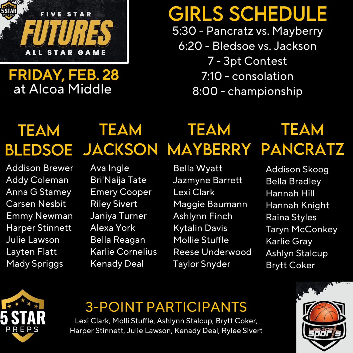 ROSTERS released for the 5Star Preps Futures GIRLS GAMES on Friday, Feb. 28 at Alcoa Middle.