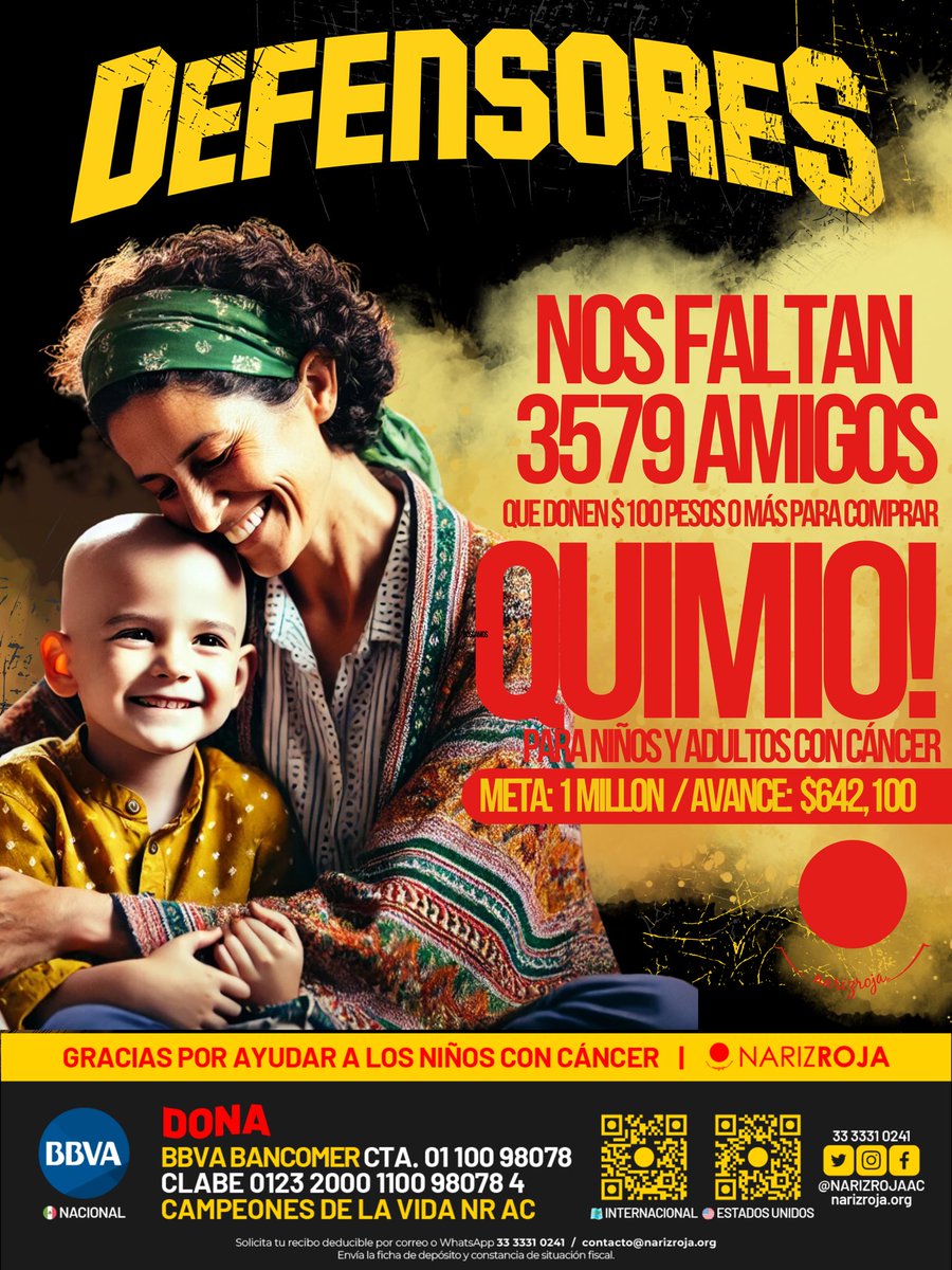 NARIZROJAAC's tweet photo. Buenas noches !! Nos faltan $357,900 para lograr la meta ( 3579 amigos que donen $100 pesos o más)  el amor logra milagros !! 

🇲🇽 BBVA  Cuenta: 0110098078 Clabe:  012320001100980784  Campeones de la vida NR AC         
🇺🇸 https://t.co/hIEg9vbDss                      
🌍 https://t.co/ohWwBix7n8
Solicita tu recibo deducible WhatsApp 3333310241