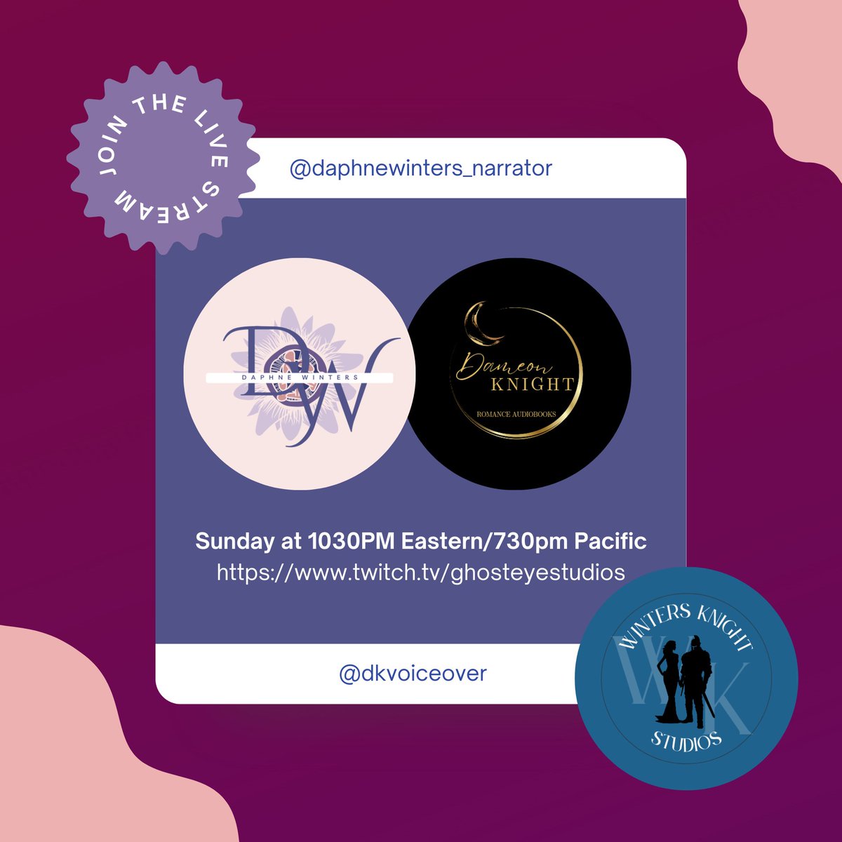 daphnewintersvo's tweet photo. We are going to live stream some some romance books tonight! 
 https://t.co/9vDtP7wIiz

#romanceaudiobooks #audiobooks #romancereadlivestream #wintersknightstudios https://t.co/AI0yV2k8J8