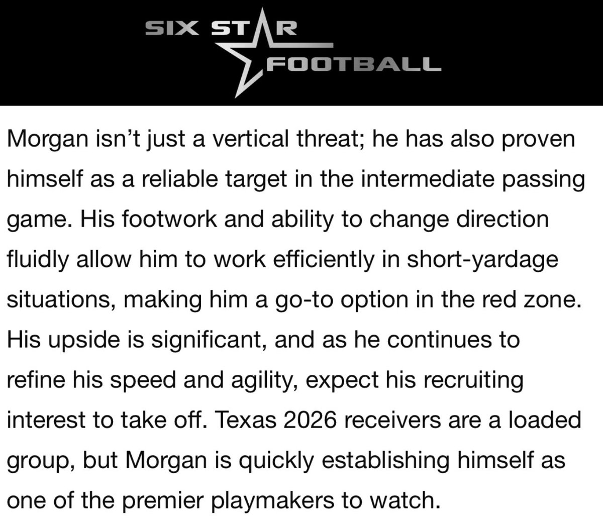 ColbyMorgan00's tweet photo. Thank you @sixstarfootball for the write up! @jarrettbailey12 @TxEliteAthletes @Coachstephens82 @TXTopTalent @TXRecruits @WRHitList @PrepRedzoneTX https://t.co/055q3tfnEh