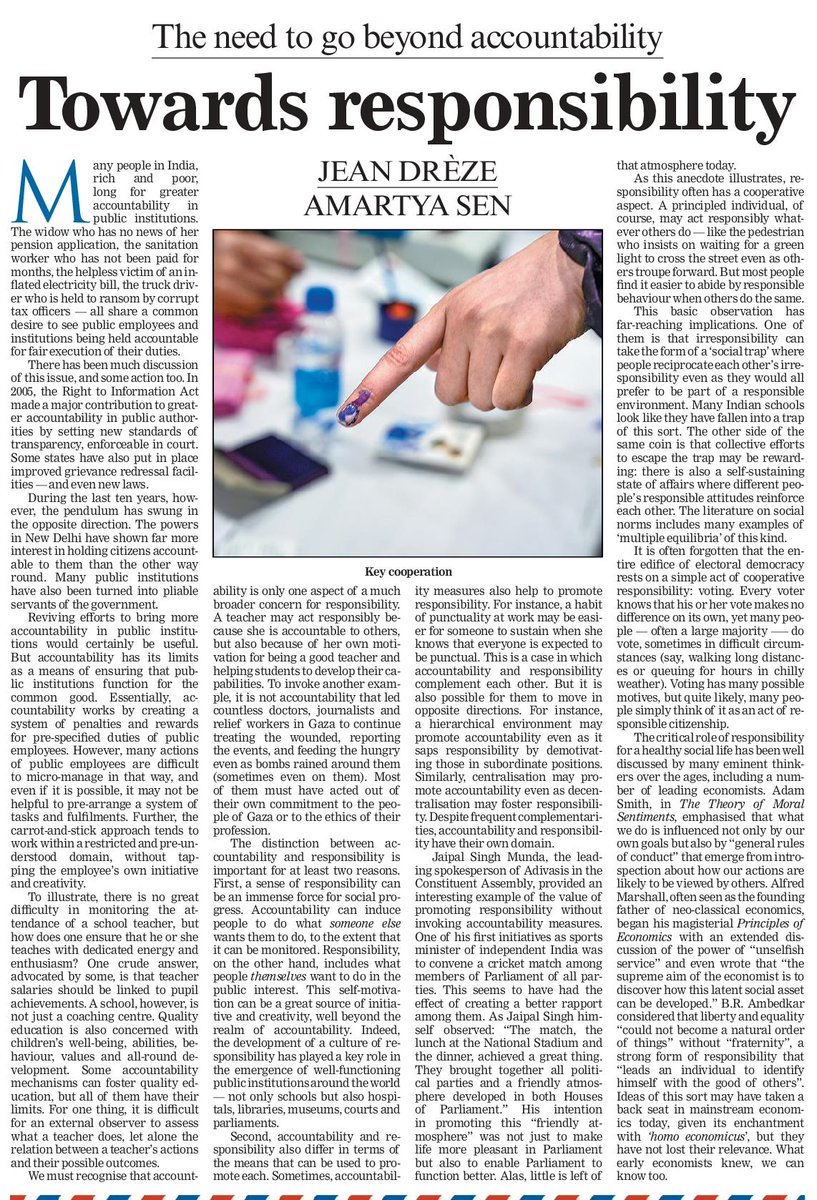 Dreze and Sen argue that responsibility is much more than accountability. It is not accountability that leads Palestinian doctors to continue treating the wounded even as bombs rain around them, or Indian citizens to queue for hours at the polling booth.