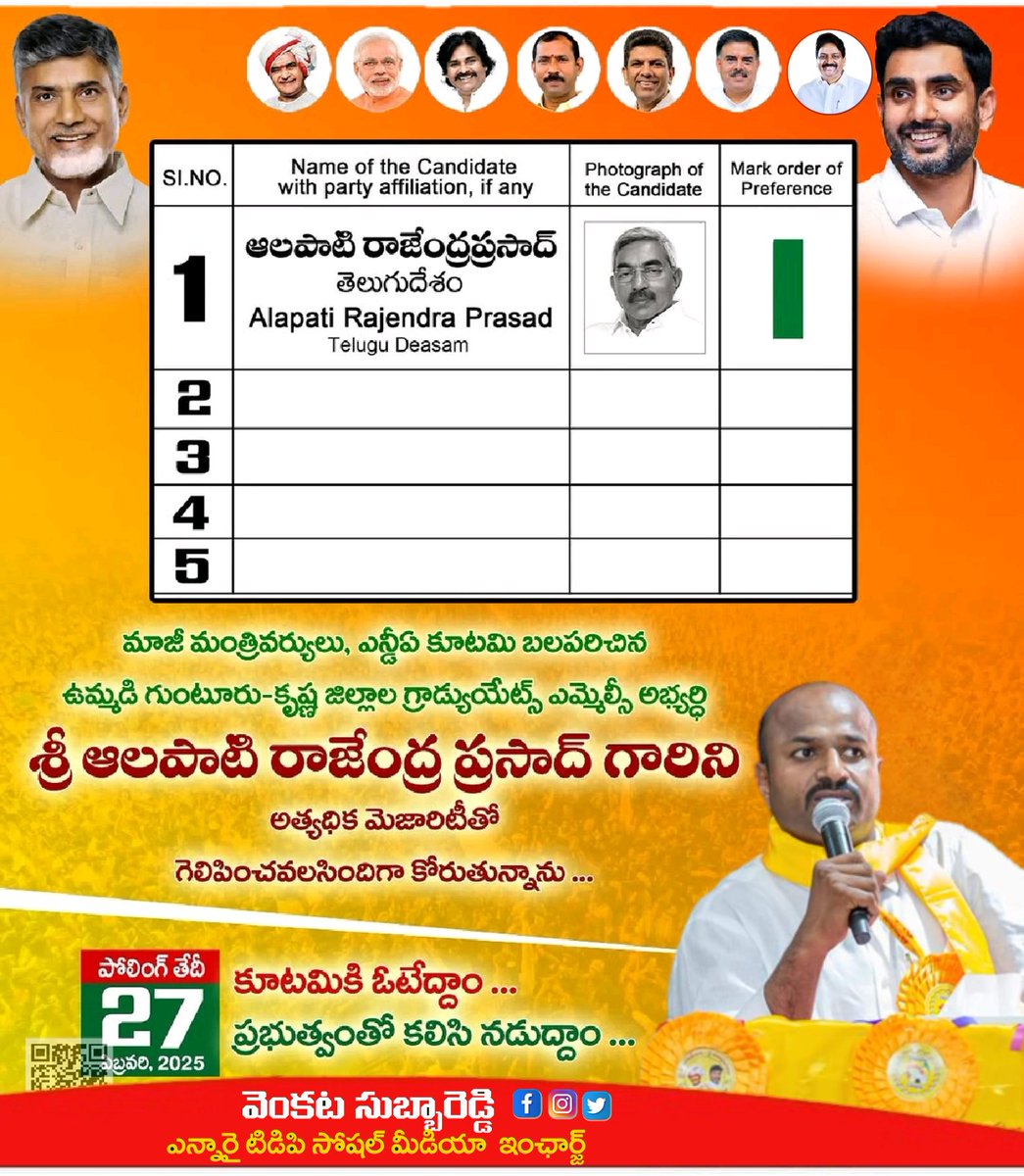 vcsubbareddy's tweet image. గ్రాడ్యుయేట్ ఓటరు మిత్రులారా... 
మీ అమూల్యమైన మొదటి ప్రాధాన్యత ఓటు1 అంకె వేసి ఆశీర్వదించి... మీ ఆలపాటి రాజేంద్రప్రసాద్ గారిని అత్యధిక మెజారిటీతో గెలిపించండి.. #MeeRajendraPrasad #AlapatiRaja #Graduateelections #meealapatiraja #VoteForAlapati #Mlcelections2025