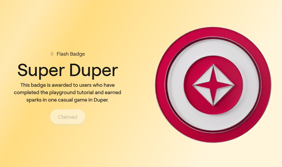 italovih's tweet photo. Just claimed my Super Duper badge! 🏅🔥
If you haven’t grabbed yours yet, hurry up—time is running out! ⏳💨
Just complete the playground tutorial and earn sparks in a casual game on Duper. Let’s go! 👀
@AbstractChain @playduper
#Gaming #SuperDuper #FlashBadge https://t.co/8CHyF0NTIM