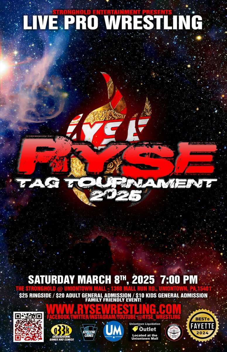 Ticket are on sale right now for March 8th!  $5 off each adult ticket you purchase.  But the offer is ending at midnight.  Last chance!

Tickets: rysewrestling.com #Prowrestling #WWEfans #Pittsburgh #Events #Uniontown