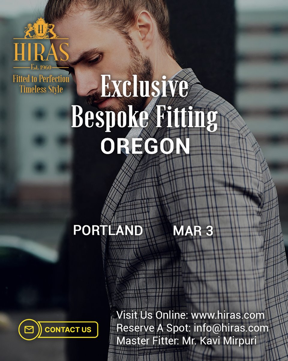 HirasFashion's tweet image. Portland, something stylish is coming your way in March! We’re bringing our fitting tour to town! Get ready to discover the perfect fit.

Contact us to book an appointment in advance info@hiras.com or visit ➡️ hiras.com/Trip-Schedule

#hirasbespoke #trunkshow #getstyled