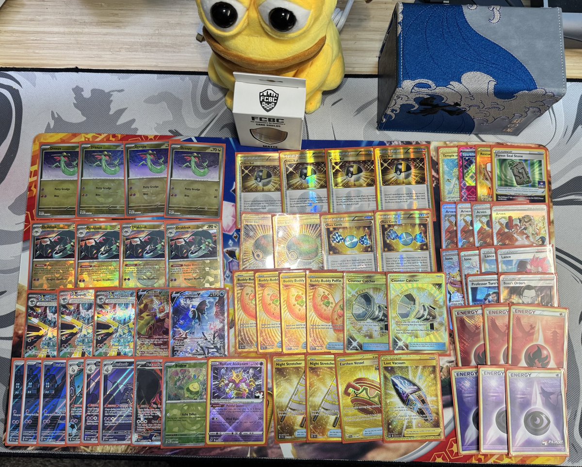 Won the Houston Asgard Cup today with Dragapult and my good luck pika (actually clutch)

R1: Archaludon L (5 big booms hurt)
R2: Mirror W
R3: Mirror W
R4: Ceruledge W
R5: PultZard W 

T4: Lugia LWW (G2 DPL cost them)
Finals: Ceruledge from R4 WLW 

<a href="/FCBCArmor/">FCBC</a> updated the sleeve