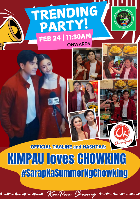 ❗️CHOWKING TRENDING PARTY❗️

Let's show our love and support for KimPau by joining and dropping the tags below. Thank you!

KIMPAU loves CHOWKING
#SarapKaSummerNgChowking

<a href="/chowking_ph/">Chowking 超群</a> 
<a href="/prinsesachinita/">kim chiu</a> <a href="/mepauloavelino/">PAULO</a>