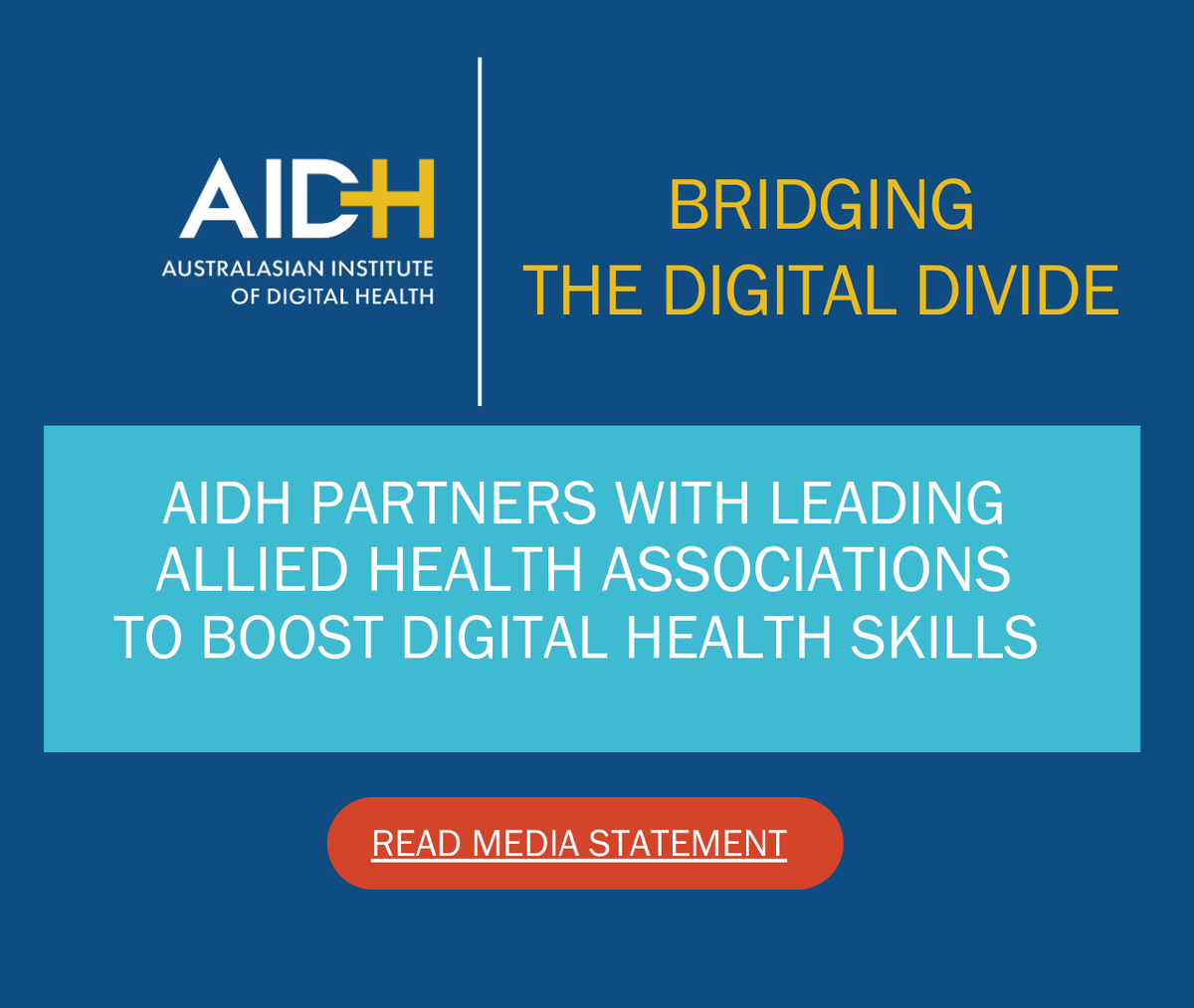 Australasian Institute of Digital Health (AIDH) (@theinstitutedh) on Twitter photo Bridging the Digital Divide: AIDH partners with allied health associations to address digital health gaps!
Together with @AusPhysioAssoc, <a href="/AustPsych/">Australian Psychological Society</a>, and @OsteopathyAus, we're building a future-ready healthcare sector! ๐ช
Read more: bit.ly/3XdUnSr Bridging the Digital Divide: AIDH partners with allied health associations to address digital health gaps!
Together with @AusPhysioAssoc, <a href="/AustPsych/">Australian Psychological Society</a>, and @OsteopathyAus, we're building a future-ready healthcare sector! ๐ช
Read more: bit.ly/3XdUnSr