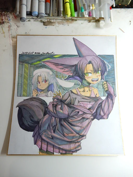 【アナログ2264:俊足対決フェネックとウサギ】地下道のシロクロ。#水彩 #原画 #狐娘 #兎娘 #色紙 