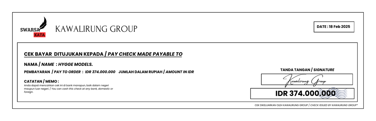 ㅤ
PENGIRIMAN CEK PEMBAYARAN
KEPADA HYGEE MODELS FINANCE

Tentang : Pembayaran FEE Model untuk Majalah PESONA MUSIM DINGIN. 

Catatan : Jika memiliki kendala atas pencairan cek, silakan hubungi kami. 
ㅤ