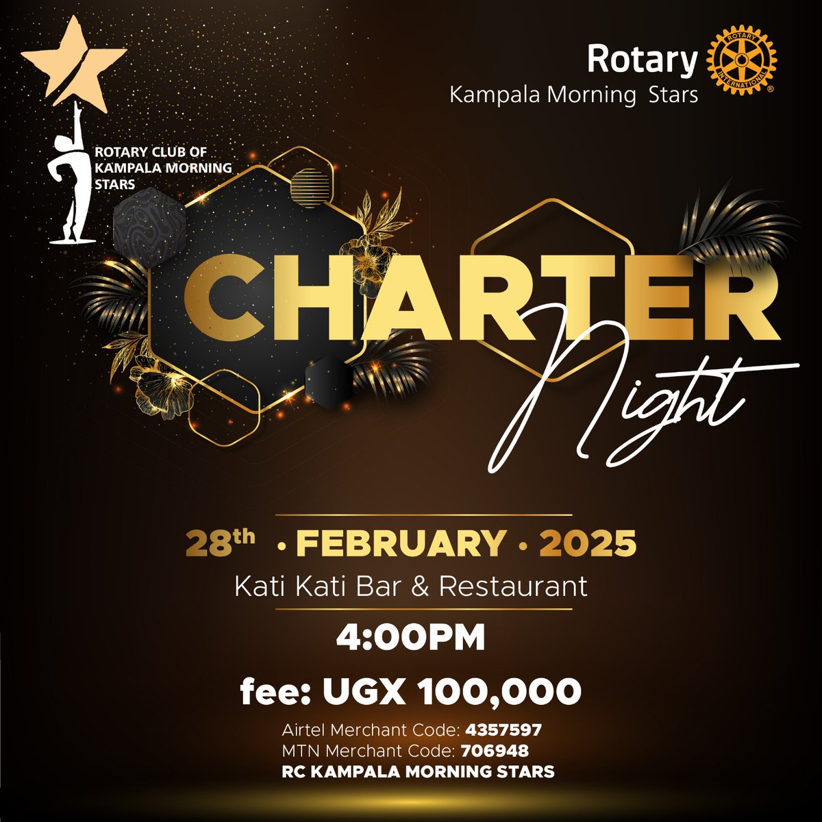 Join RC Kampala Morning Stars, this Friday the 28th as we celebrate our CHARTER DAY. We can't wait to see you.