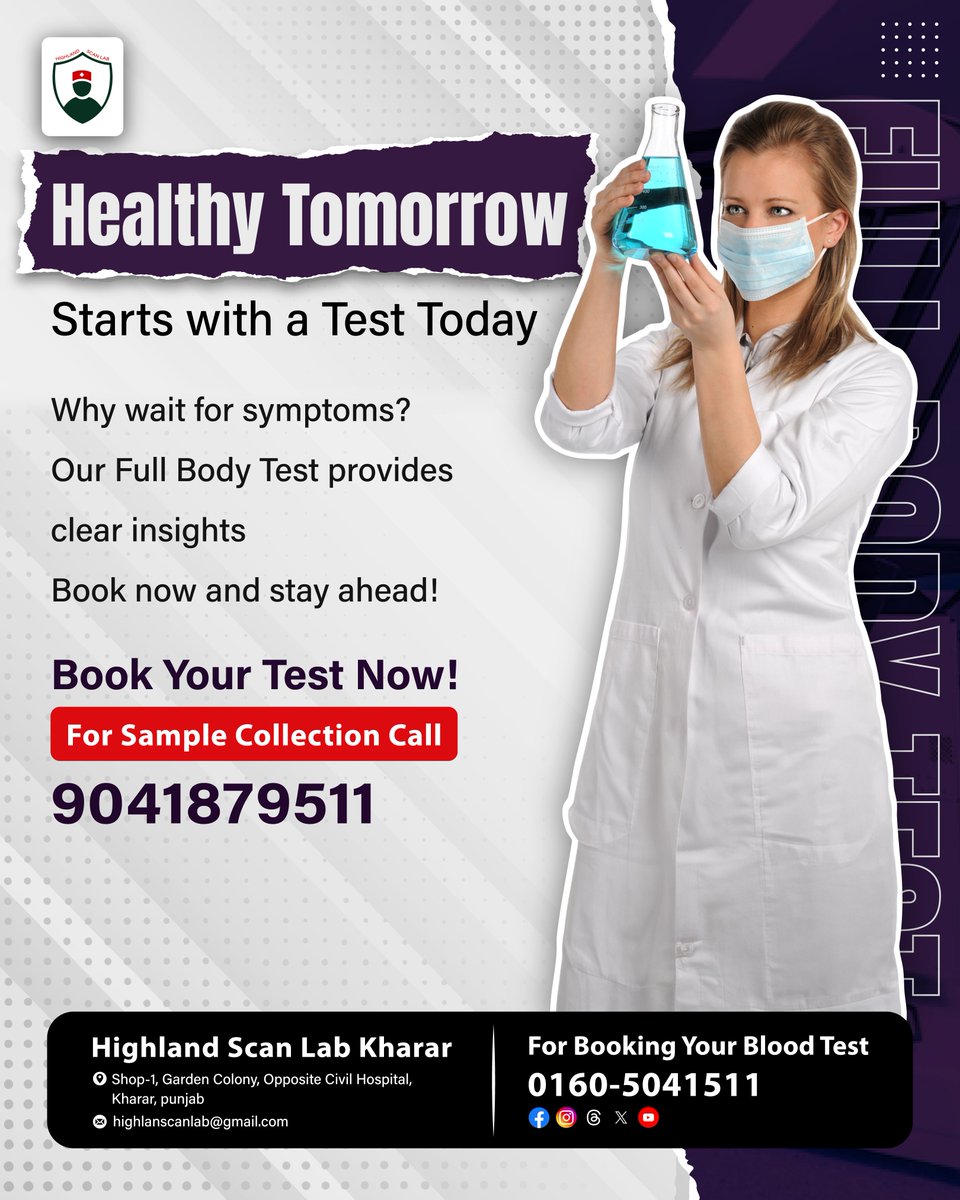 HighlandScanLab's tweet photo. Prioritize your well-being with #HighlandScanLab's #FullBodyTest. Detect potential health issues early and take #ProactiveSteps towards a healthier future. #BookYourTest today and #InvestInYourHealth!
.
#MedicalTesting #DrJatinderSingh #Kharar #BestLab #BloodTest #GetTested https://t.co/uJ1BxXTZbx