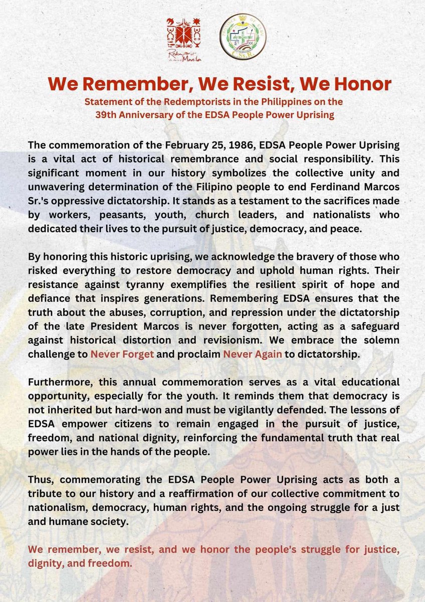 pads_nosi's tweet photo. Never Forget and Never Again.
We remember, We resist, We honor
EDSA People Power uprising.
The Redemptorists of VP-Manila and Cebu Province https://t.co/jStRoSs89R