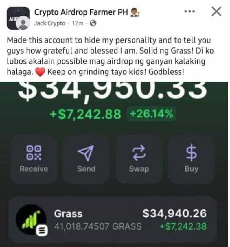 platycoin's tweet photo. 🚀 Don’t Ignore Free DePIN Mining!

This user made $34,950 from a Grass airdrop?! 😳
+$7,242 in gains… Free crypto is no joke!

1️⃣ Small now, but can explode later
2️⃣ Free coins = $$$
3️⃣ Early miners win big

No risk, just free money. Start now! 🔥 https://t.co/V5Of06zr5O