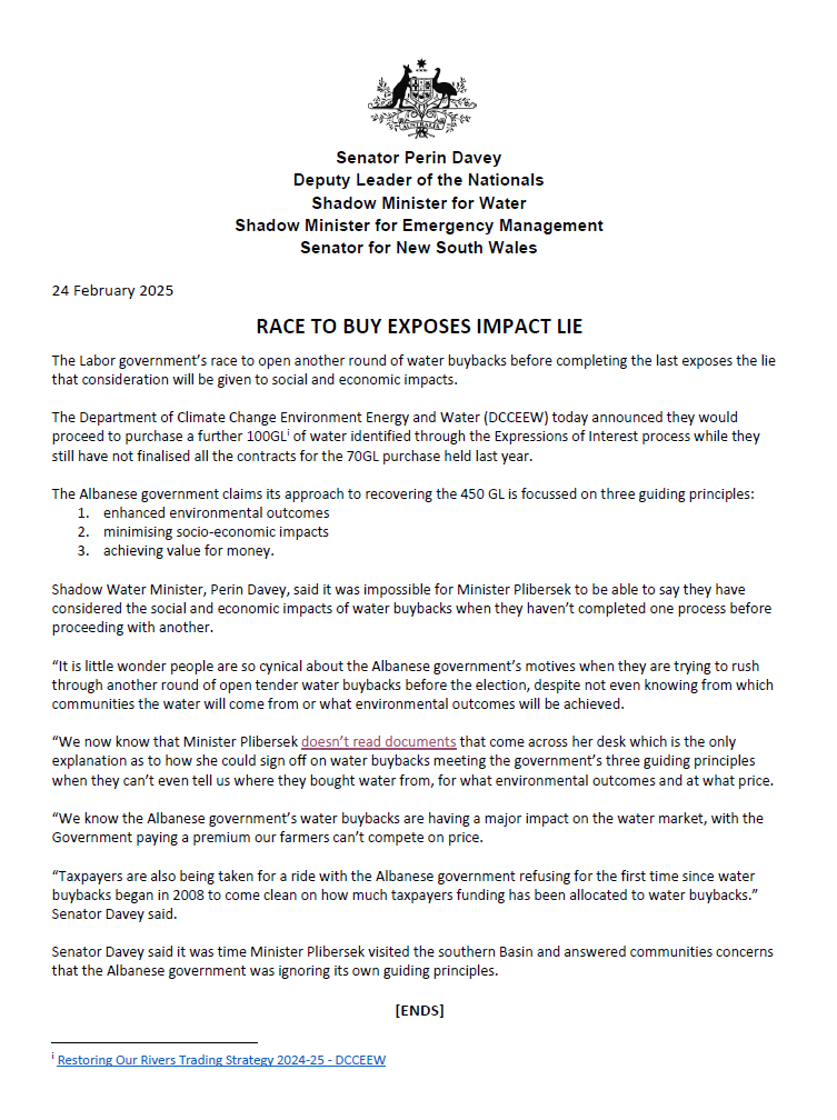 Senator Perin Davey (@perindavey) on Twitter photo The Labor government’s race to open another round of water buybacks before completing the last exposes the lie that consideration will be given to social and economic impacts. shorturl.at/nttwC The Labor government’s race to open another round of water buybacks before completing the last exposes the lie that consideration will be given to social and economic impacts. shorturl.at/nttwC