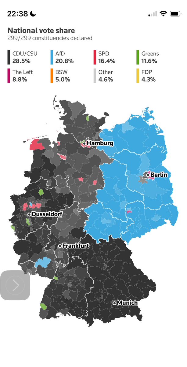 timothy_james42's tweet photo. Germany 🇩🇪 voted for a black/blue coalition.  If the CDU continues to shut AfD out of government and creates a coalition with SPD, no real and needed change will occur.  I’d be surprised if a CDU/SPD coalition lasts more than a year or two.  

#GermanElections  #AfD #CDU https://t.co/8Y7PssZi1M