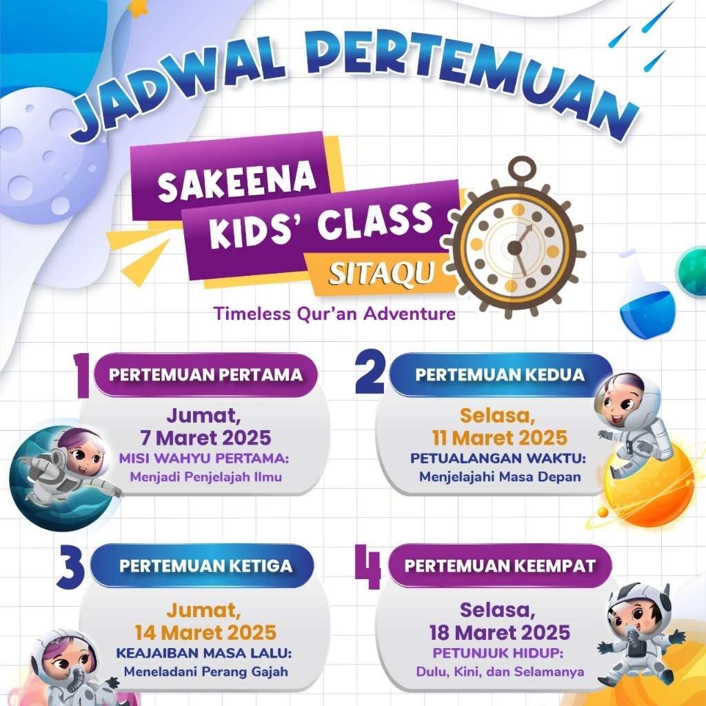 RNurhilal's tweet photo. 💡 Apa itu Sakeena Kids Class (SKC)?
*kelas online* interaktif bln Ramadhan yg mengajak anak2 menjelajahi Al-Qur’an dg cara yg seru &amp; penuh petualangan!
Akan ada 4x pertemuan, orangtuanya akan gabung ke grup WA kelas 😍
Cek Out disini https://t.co/xQrpWXvAJn https://t.co/cJEQVi546H