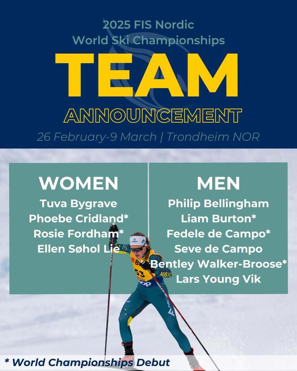 Snow Australia (@snowaust) on Twitter photo A team of 🔟 cross country skiers has been selected to represent Australia at the 2025 Nordic Ski World Championships.
🇦🇺 The event starts in Norway on Wednesday, and continues through to 6 March.
snow.org.au/news/2025-nord…
<a href="/AUSOlympicTeam/">AUS Olympic Team</a> <a href="/OWI_AUS/">Olympic Winter Institute</a> <a href="/KarbonSports/">KARBON</a> A team of 🔟 cross country skiers has been selected to represent Australia at the 2025 Nordic Ski World Championships.
🇦🇺 The event starts in Norway on Wednesday, and continues through to 6 March.
snow.org.au/news/2025-nord…
<a href="/AUSOlympicTeam/">AUS Olympic Team</a> <a href="/OWI_AUS/">Olympic Winter Institute</a> <a href="/KarbonSports/">KARBON</a>