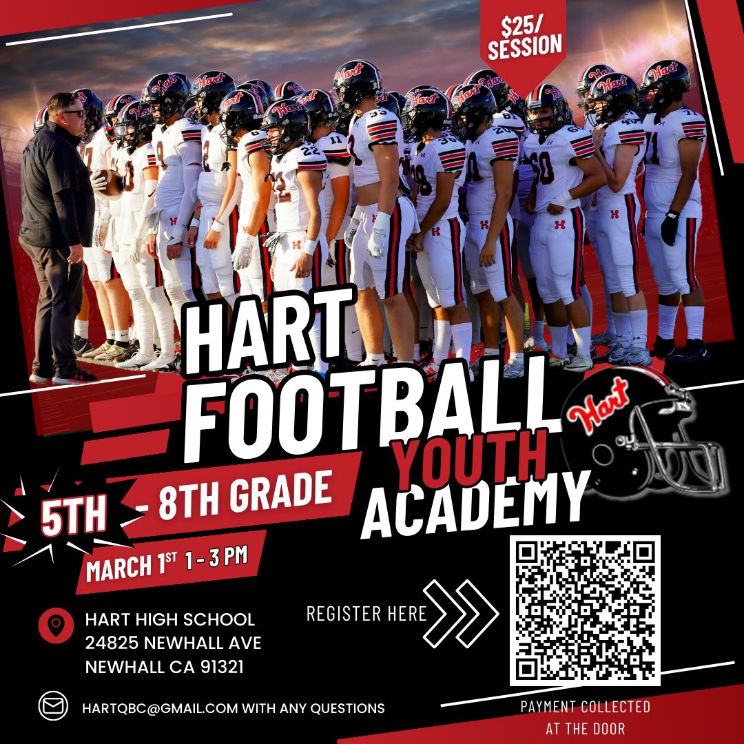 HartHSFootball's tweet photo. 📣 📣 ANNOUNCEMENT!! We’ve had so many 5th graders inquire about our Youth Camp that we’ve decided to open up this Saturdays YOUTH FOOTBALL CAMP to include 5TH GRADE ALSO!! Check out the QR code to register today!! •
#hartfootball #youthfootballcamp #legends #goingforgreatness https://t.co/N0joC1D9gq